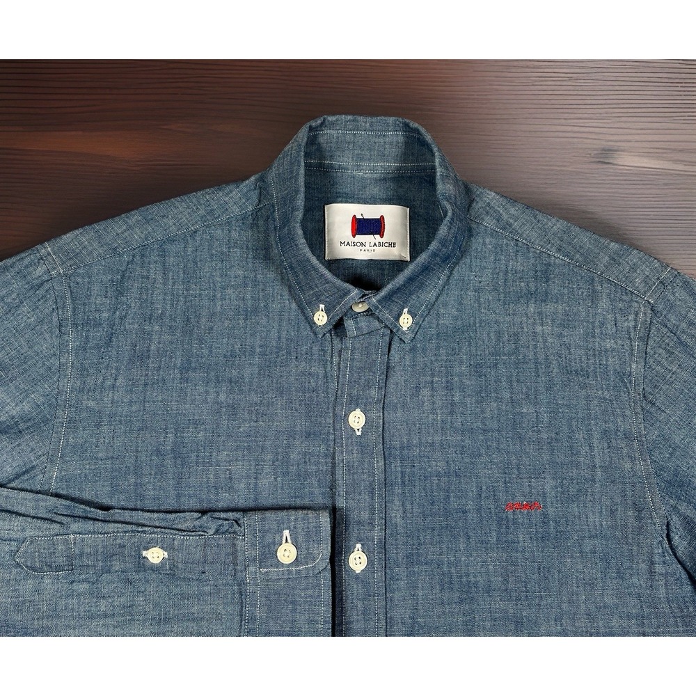 Maison Labiche Paris Mens Small Chambray Button Down Shirt Long Sleeve Blue